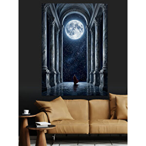 Sütunlu Salonda Büyük Dolunay Manzarası Dekoratif Kanvas - Mdf Ahşap Tablo 100x140 cm