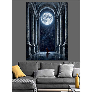 Sütunlu Salonda Büyük Dolunay Manzarası Dekoratif Kanvas - Mdf Ahşap Tablo 100x140 cm