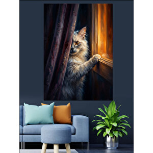 Pencereden Bakan Beyaz Yavru Kedi Dekoratif Kanvas - Mdf Ahşap Tablo 70x100 cm