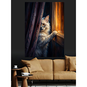 Pencereden Bakan Beyaz Yavru Kedi Dekoratif Kanvas - Mdf Ahşap Tablo 70x100 cm
