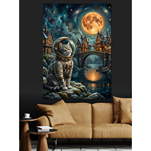 Ay Işığı Altında Uzaylı Kedi Dekoratif Kanvas - Mdf Ahşap Tablo 100x140 cm