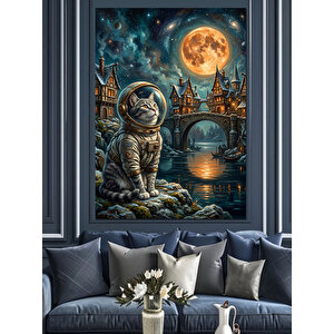 Ay Işığı Altında Uzaylı Kedi Dekoratif Kanvas - Mdf Ahşap Tablo 100x140 cm