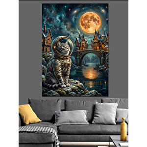 Ay Işığı Altında Uzaylı Kedi Dekoratif Kanvas - Mdf Ahşap Tablo 100x140 cm