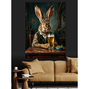 Bira İçen Şık Tavşan Portresi Dekoratif Kanvas - Mdf Ahşap Tablo 70x100 cm