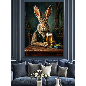 Bira İçen Şık Tavşan Portresi Dekoratif Kanvas - Mdf Ahşap Tablo 70x100 cm