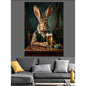 Bira İçen Şık Tavşan Portresi Dekoratif Kanvas - Mdf Ahşap Tablo 70x100 cm