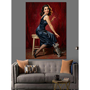 Kırmızı Fondaki Şık Modern Kadın Dekoratif Kanvas - Mdf Ahşap Tablo 50x70 cm