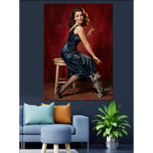 Kırmızı Fondaki Şık Modern Kadın Dekoratif Kanvas - Mdf Ahşap Tablo 50x70 cm