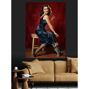Kırmızı Fondaki Şık Modern Kadın Dekoratif Kanvas - Mdf Ahşap Tablo 50x70 cm