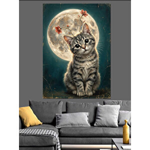 Ay Önünde Oturan Yavru Kedi Dekoratif Kanvas - Mdf Ahşap Tablo 100x140 cm