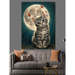 Ay Önünde Oturan Yavru Kedi Dekoratif Kanvas - Mdf Ahşap Tablo 100x140 cm