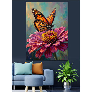 Çiçek Üzerinde Renkli Kelebek Çizimi Dekoratif Kanvas - Mdf Ahşap Tablo 50x70 cm