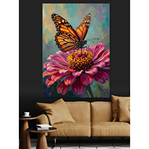 Çiçek Üzerinde Renkli Kelebek Çizimi Dekoratif Kanvas - Mdf Ahşap Tablo 50x70 cm