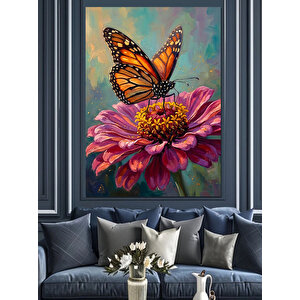 Çiçek Üzerinde Renkli Kelebek Çizimi Dekoratif Kanvas - Mdf Ahşap Tablo 50x70 cm