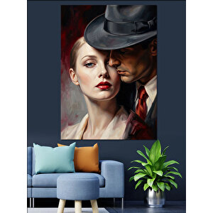 Şapkalı Romantik Klasik Çift Portresi Dekoratif Kanvas - Mdf Ahşap Tablo 50x70 cm
