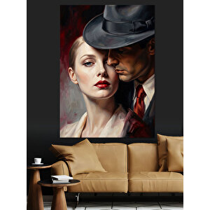 Şapkalı Romantik Klasik Çift Portresi Dekoratif Kanvas - Mdf Ahşap Tablo 50x70 cm