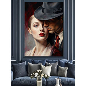 Şapkalı Romantik Klasik Çift Portresi Dekoratif Kanvas - Mdf Ahşap Tablo 50x70 cm