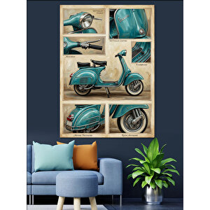 Klasik Turkuaz Scooter Motor Kolajı Dekoratif Kanvas - Mdf Ahşap Tablo 50x70 cm