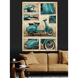Klasik Turkuaz Scooter Motor Kolajı Dekoratif Kanvas - Mdf Ahşap Tablo 50x70 cm