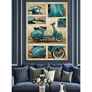 Klasik Turkuaz Scooter Motor Kolajı Dekoratif Kanvas - Mdf Ahşap Tablo 50x70 cm