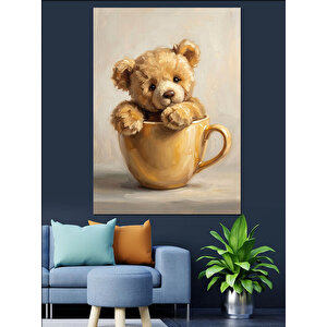 Fincan İçinde Sevimli Ayıcık Figürü Dekoratif Kanvas - Mdf Ahşap Tablo 70x100 cm