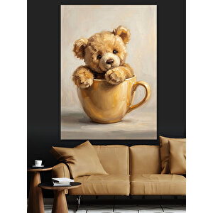 Fincan İçinde Sevimli Ayıcık Figürü Dekoratif Kanvas - Mdf Ahşap Tablo 70x100 cm