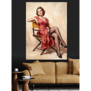 Kırmızı Elbiseli Vintage Kadın Portresi Dekoratif Kanvas - Mdf Ahşap Tablo 100x140 cm