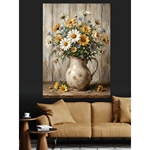 Vazoda Beyaz Ve Sarı Papatyalar Dekoratif Kanvas - Mdf Ahşap Tablo 70x100 cm