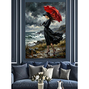 Kırmızı Şemsiyeli Şık Kadın Sahilde Dekoratif Kanvas - Mdf Ahşap Tablo 70x100 cm