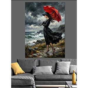 Kırmızı Şemsiyeli Şık Kadın Sahilde Dekoratif Kanvas - Mdf Ahşap Tablo 70x100 cm