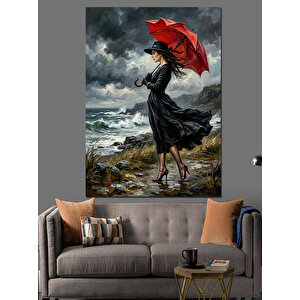 Kırmızı Şemsiyeli Şık Kadın Sahilde Dekoratif Kanvas - Mdf Ahşap Tablo 70x100 cm