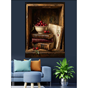 Kitaplar Üzerinde Vişne Ve Natürmort Dekoratif Kanvas - Mdf Ahşap Tablo 50x70 cm