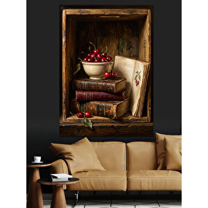 Kitaplar Üzerinde Vişne Ve Natürmort Dekoratif Kanvas - Mdf Ahşap Tablo 50x70 cm