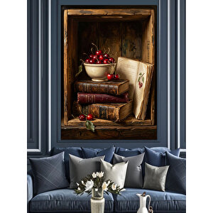 Kitaplar Üzerinde Vişne Ve Natürmort Dekoratif Kanvas - Mdf Ahşap Tablo 50x70 cm