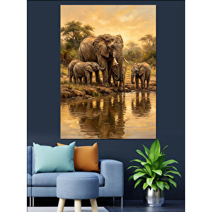 Savana Gölünde Anne Yavru Fil Dekoratif Kanvas - Mdf Ahşap Tablo 70x100 cm