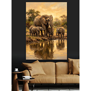 Savana Gölünde Anne Yavru Fil Dekoratif Kanvas - Mdf Ahşap Tablo 70x100 cm