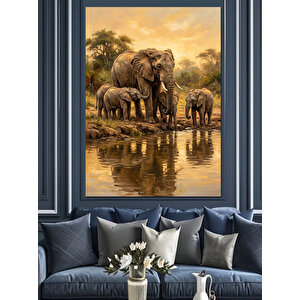 Savana Gölünde Anne Yavru Fil Dekoratif Kanvas - Mdf Ahşap Tablo 70x100 cm