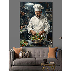 Mutfakta Salata Hazırlayan Klasik Şef Dekoratif Kanvas - Mdf Ahşap Tablo 50x70 cm