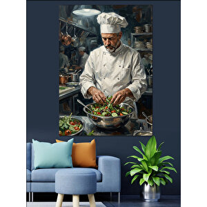 Mutfakta Salata Hazırlayan Klasik Şef Dekoratif Kanvas - Mdf Ahşap Tablo 50x70 cm