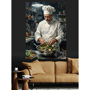 Mutfakta Salata Hazırlayan Klasik Şef Dekoratif Kanvas - Mdf Ahşap Tablo 50x70 cm