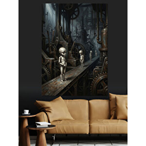 Fabrikada Yürüyen Küçük Robot Figürleri Dekoratif Kanvas - Mdf Ahşap Tablo 100x140 cm