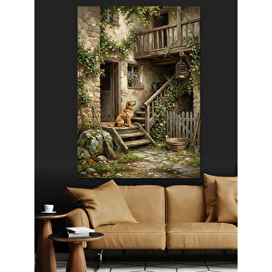 Eski Evin Kapısında Duran Köpek Dekoratif Kanvas - Mdf Ahşap Tablo 100x140 cm