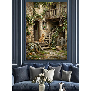 Eski Evin Kapısında Duran Köpek Dekoratif Kanvas - Mdf Ahşap Tablo 100x140 cm