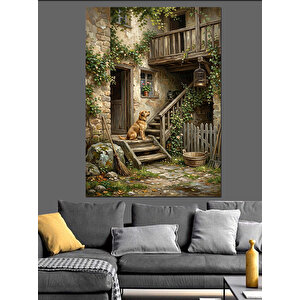 Eski Evin Kapısında Duran Köpek Dekoratif Kanvas - Mdf Ahşap Tablo 100x140 cm