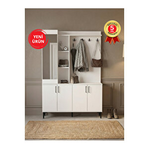 Parion Aynalı Portmanto, Vestiyer Portmanto Ayakkabılık 135 Cm Beyaz