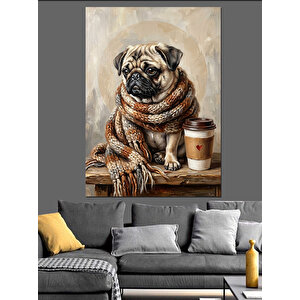 Kahve Yanında Atkılı Pug Köpeği Dekoratif Kanvas - Mdf Ahşap Tablo 50x70 cm