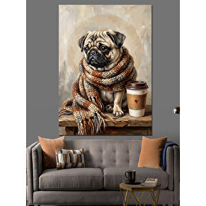 Kahve Yanında Atkılı Pug Köpeği Dekoratif Kanvas - Mdf Ahşap Tablo 50x70 cm