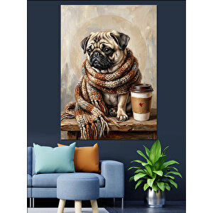 Kahve Yanında Atkılı Pug Köpeği Dekoratif Kanvas - Mdf Ahşap Tablo 50x70 cm
