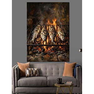 Ateş Üzerinde Izgara Balık Keyfi Dekoratif Kanvas - Mdf Ahşap Tablo 50x70 cm