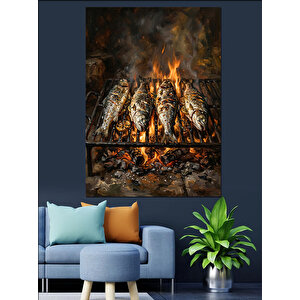 Ateş Üzerinde Izgara Balık Keyfi Dekoratif Kanvas - Mdf Ahşap Tablo 50x70 cm